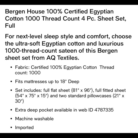 NWT BERGEN HOUSE 100% Certified Egyptian Cotton 1000 Thread Count 4Pc. Sheet Set - Picture 4 of 7